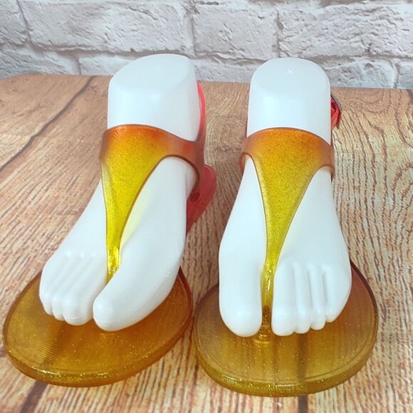 Jessica Simpson 6 Jelly Sandals Pink Yellow Ombre Glitter T-Strap Buckle Summer - Picture 8 of 14